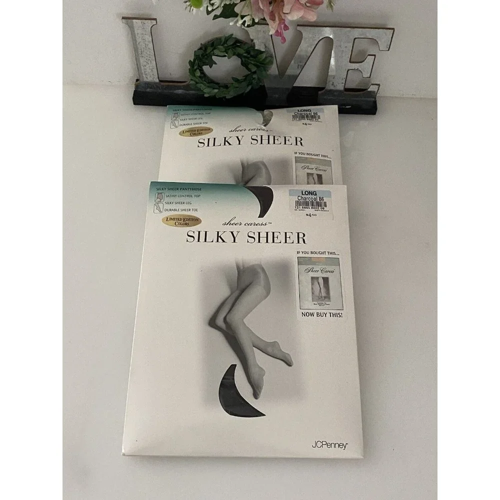 JcPenney Lot of 2 Sheer Caress Silky Sheer Long‎ Charcoal 86 New Control Top Vtg